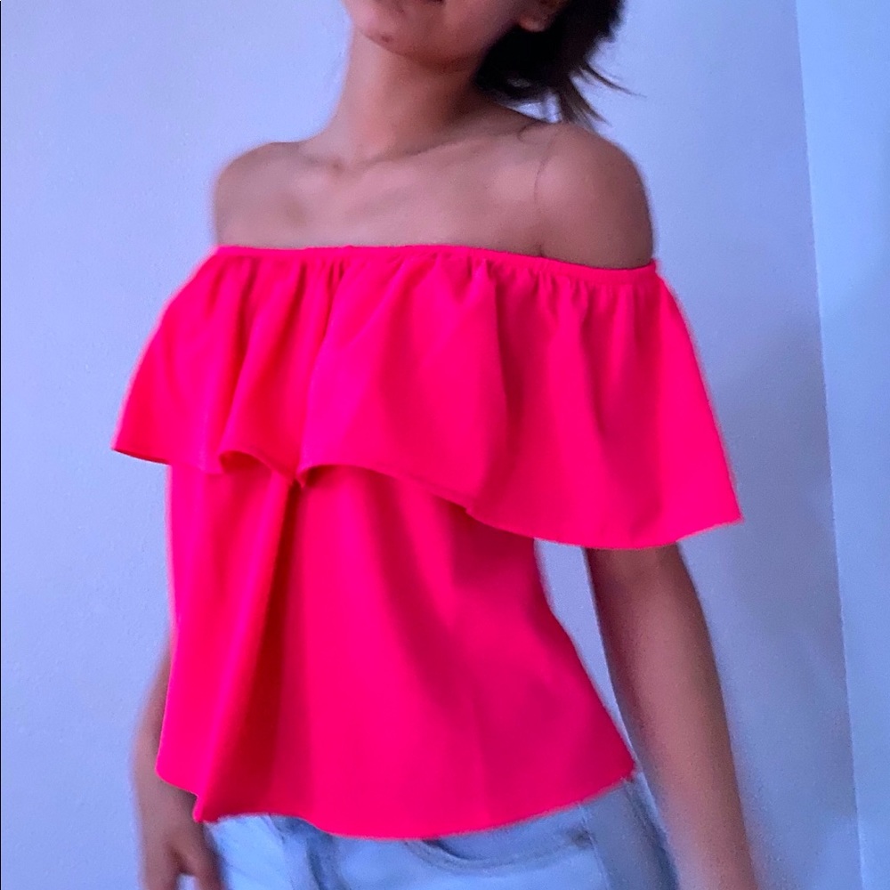 Pink off the shoulder blouse.